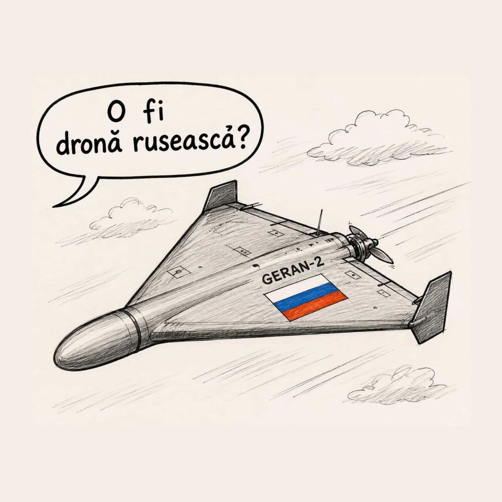 Desen animat cu o dronă zburând, având inscripția 'GERAN-2' și steagul Rusiei, cu un text deasupra care întreabă despre identitatea dronei.